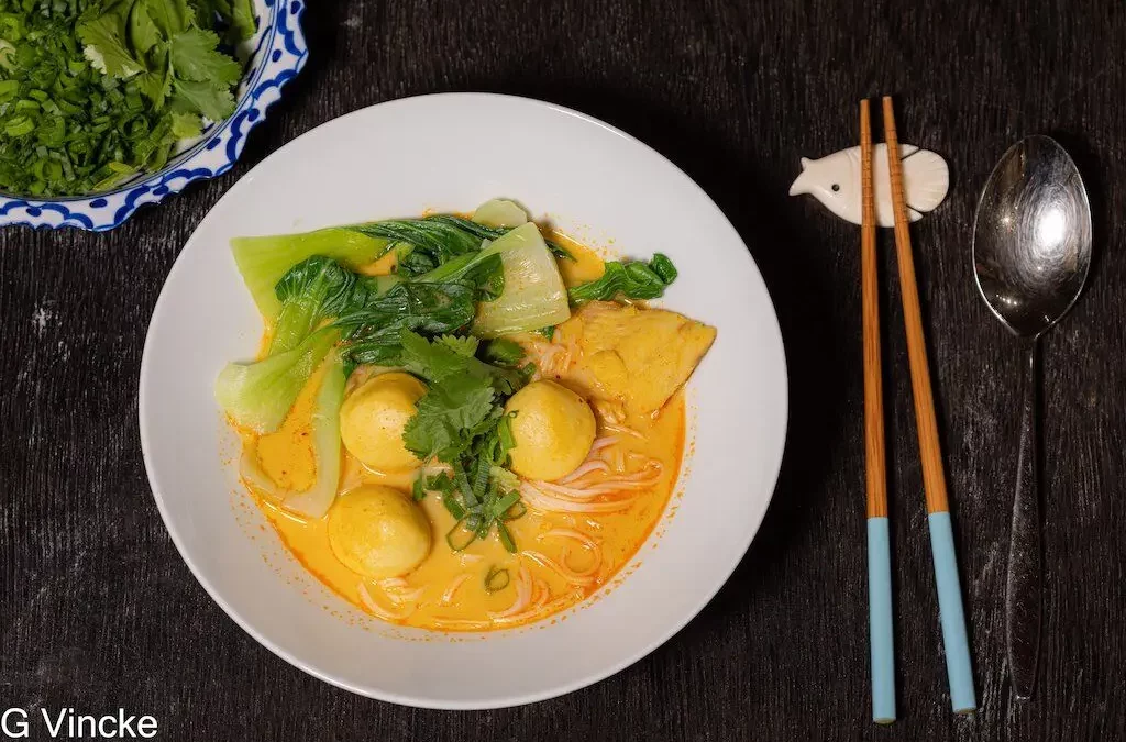 Nouilles de riz au curry aux boulettes de poisson