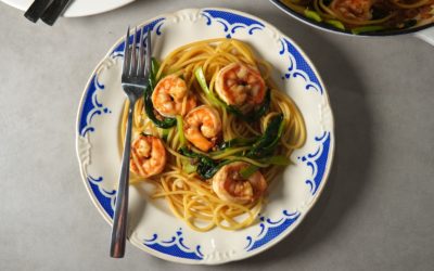 Spaghettis sauce XO, crevettes et bok choy